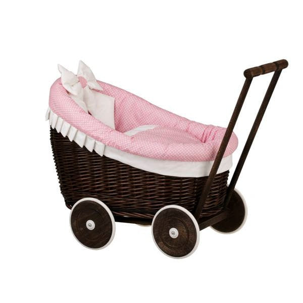 Dark Painted Wicker Doll Pram Luna – Pink Bedding