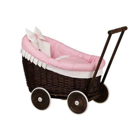 Dark Painted Wicker Doll Pram Luna – Pink Bedding