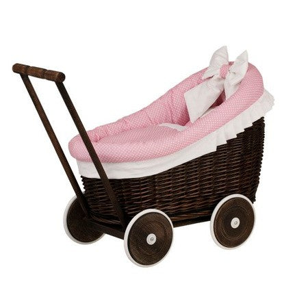 Dark Painted Wicker Doll Pram Luna – Pink Bedding