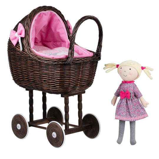 Dark Wicker Doll Stroller Lena – Pink Bedding