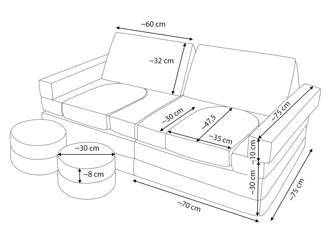 Modular bouclé sofa bed, multifunctional foam blocks, car with steering wheel