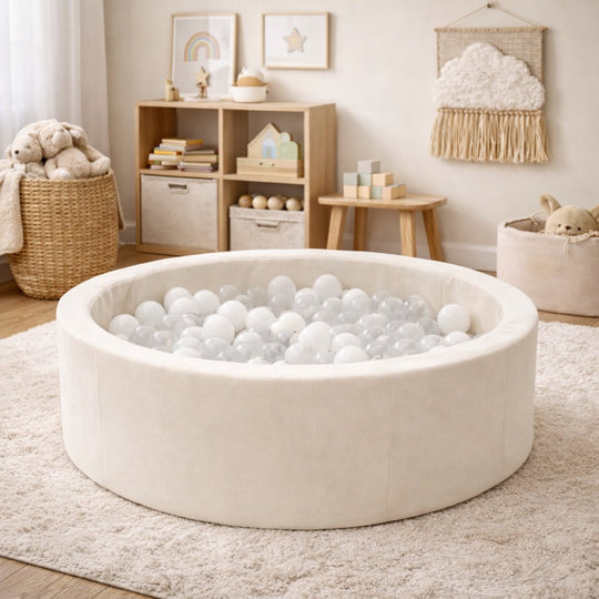 Foam Round Ball Pit 90x30cm - Beige, 200 White Balls