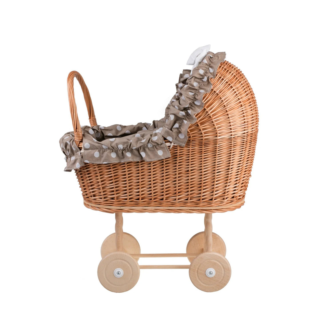 Lulu wicker doll stroller with beige trim, blanket, and pillow - Beige