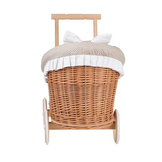 Luna wicker doll stroller 1330-01 with beige trim, blanket, and pillow - Beige