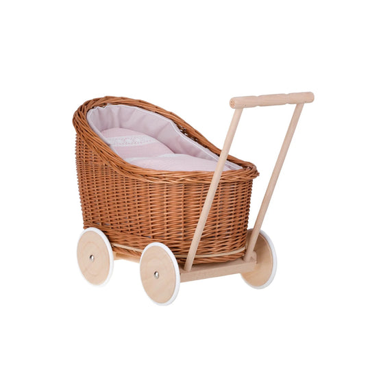Luna wicker doll stroller 1330-03 with pink trim, quilt and pillow
