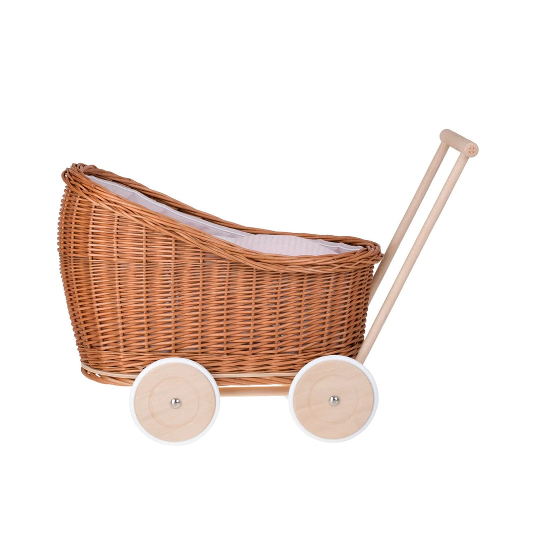 Luna wicker doll stroller 1330-03 with pink trim, quilt and pillow