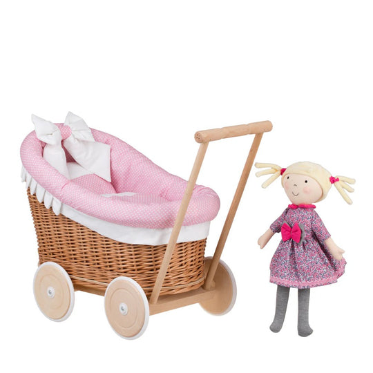 Luna wicker doll stroller 1330 with pink trim, blanket, and pillow