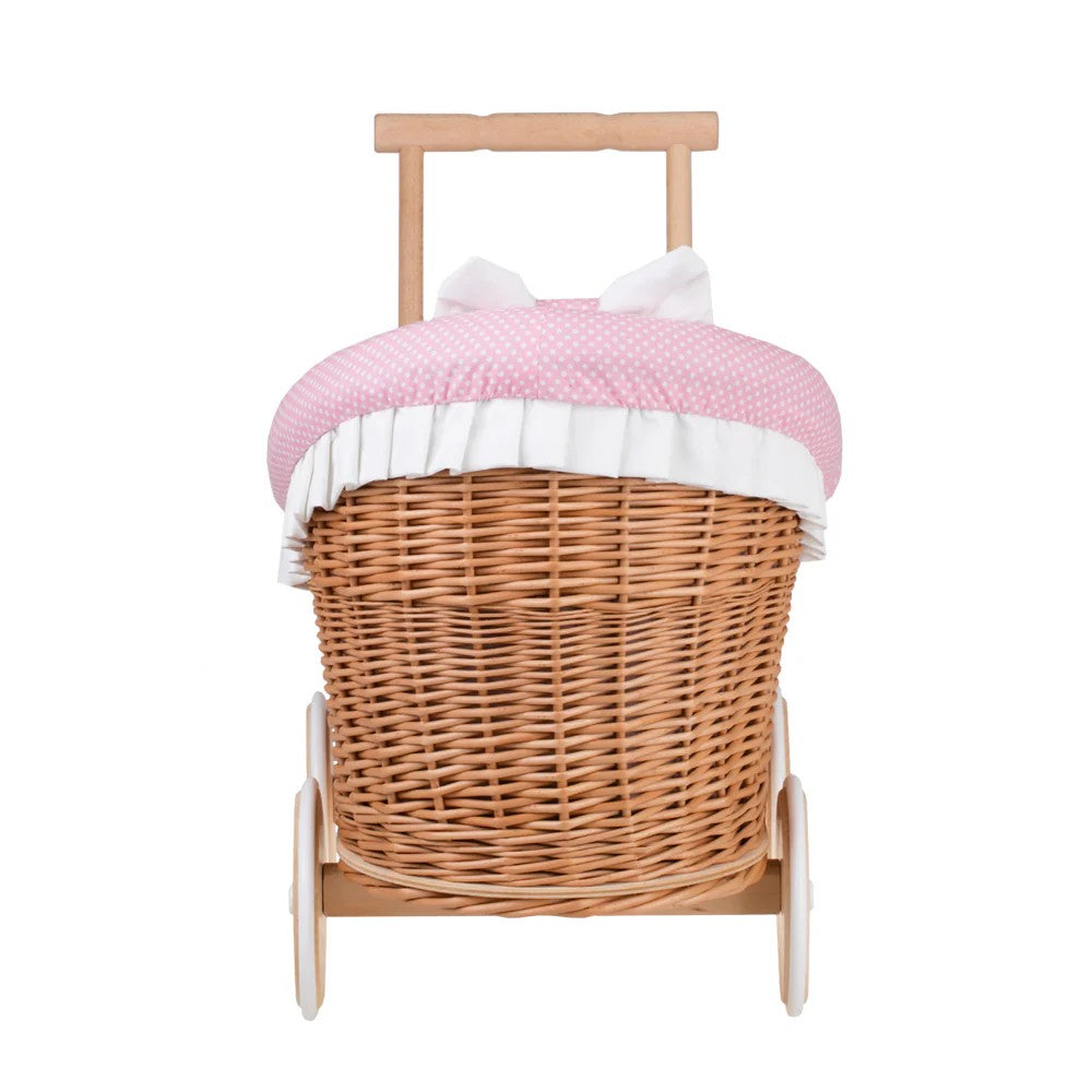 Luna wicker doll stroller 1330 with pink trim, blanket, and pillow