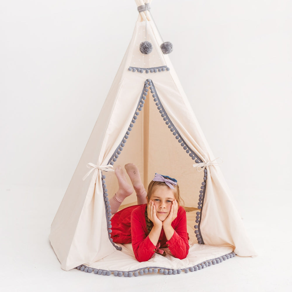 Kids Teepee with Grey Pompoms – Ecru