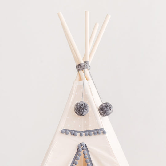 Kids Teepee with Grey Pompoms – Ecru
