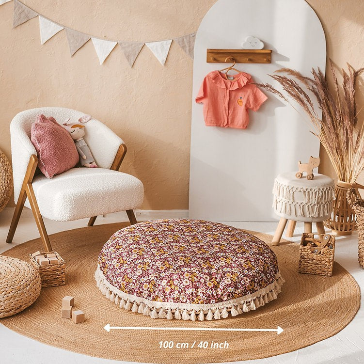 Large Kids Floor Cushion with Tassels – Burgundy Floral, 100 cm