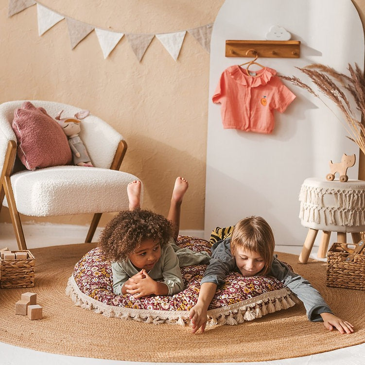 Large Kids Floor Cushion with Tassels – Burgundy Floral, 100 cm