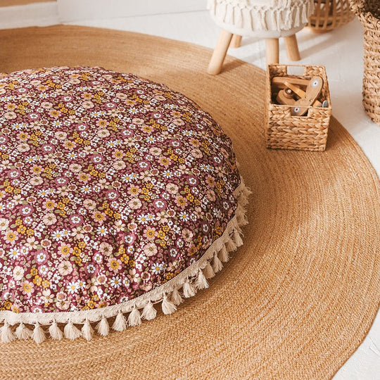 Large Kids Floor Cushion with Tassels – Burgundy Floral, 100 cm