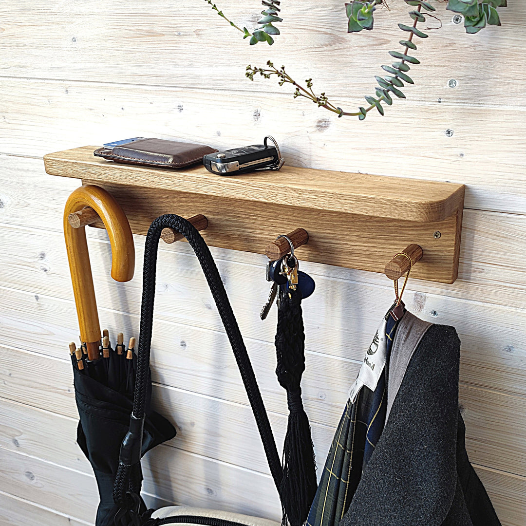 Solid Oak Wall Shelf with 4 Coat Hooks – 42 cm
