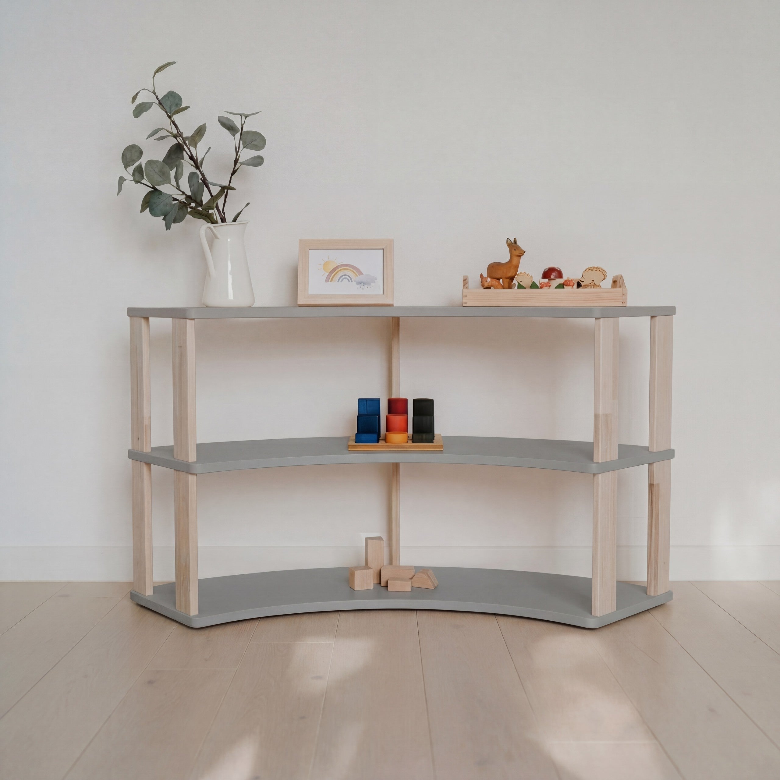 Modular Montessori Shelf Arch - 3 Shelves - Light grey/clear oil