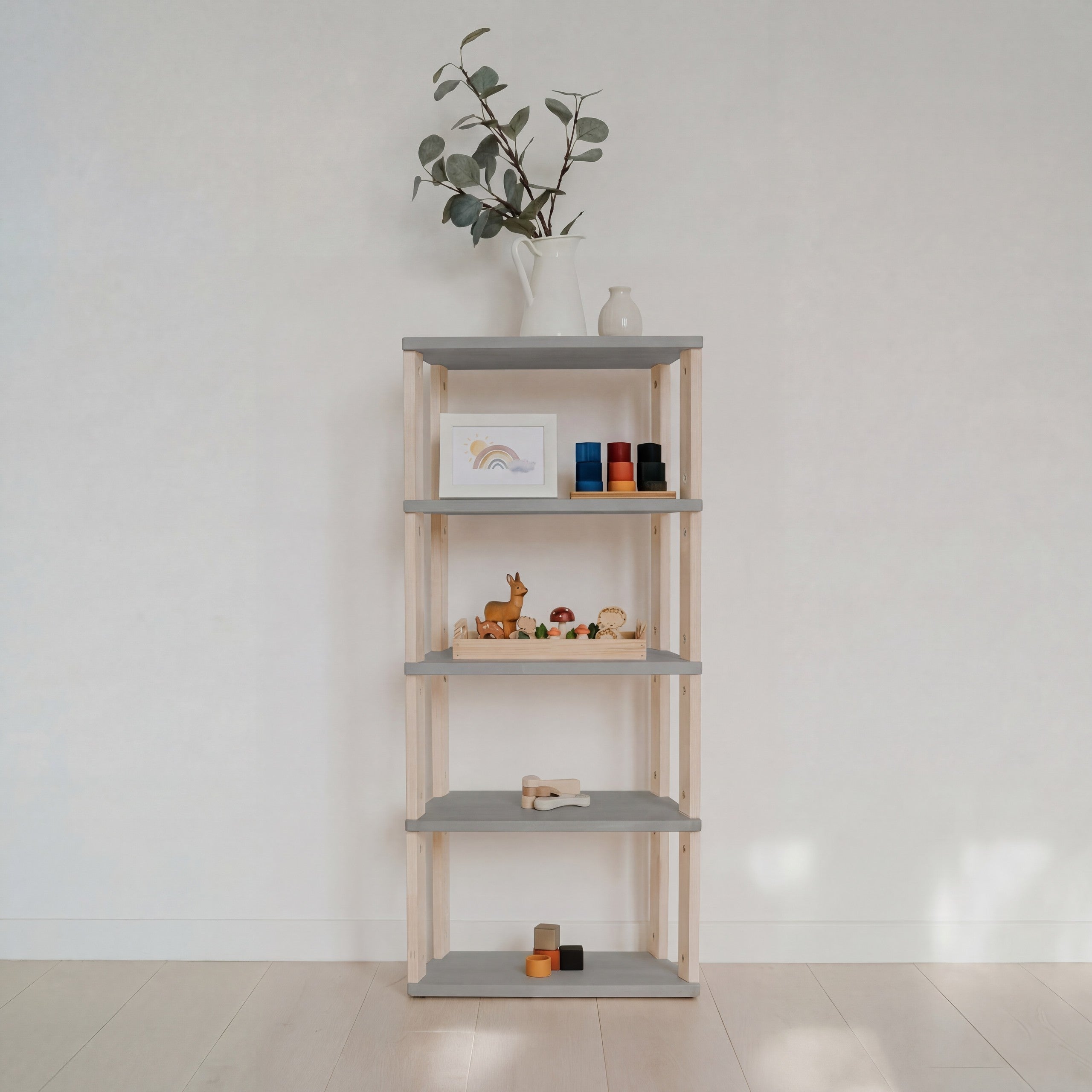 Modular Montessori Shelf Straight Mini - 5 Shelves - Light grey/clear oil