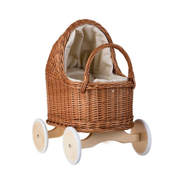 Natural Wicker Doll Pram – Beige Bedding