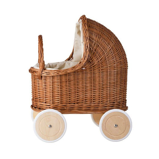 Natural Wicker Doll Pram – Beige Bedding