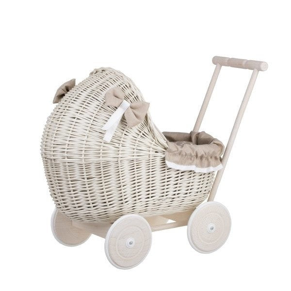 Whitewashed Wicker Doll Pram – Beige Bedding
