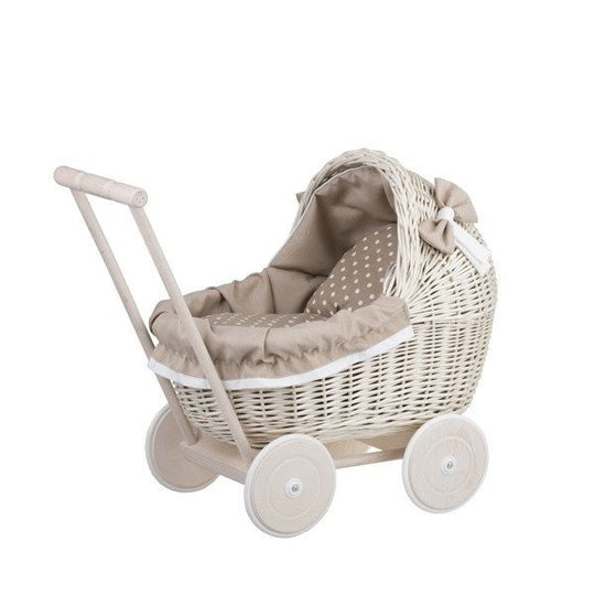 Whitewashed Wicker Doll Pram – Beige Bedding