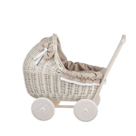 Whitewashed Wicker Doll Pram – Beige Bedding