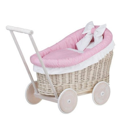 Whitewashed Wicker Doll Pram Luna – Pink Bedding
