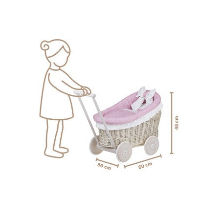 Whitewashed Wicker Doll Pram Luna – Pink Bedding
