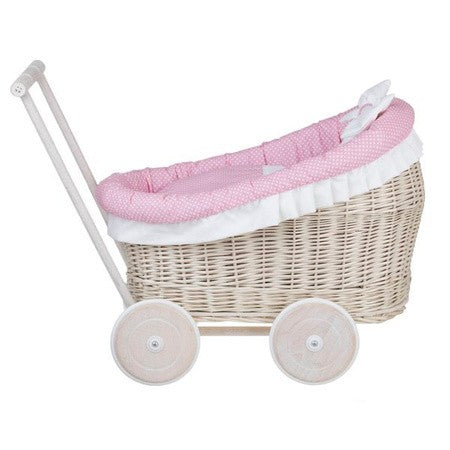Whitewashed Wicker Doll Pram Luna – Pink Bedding