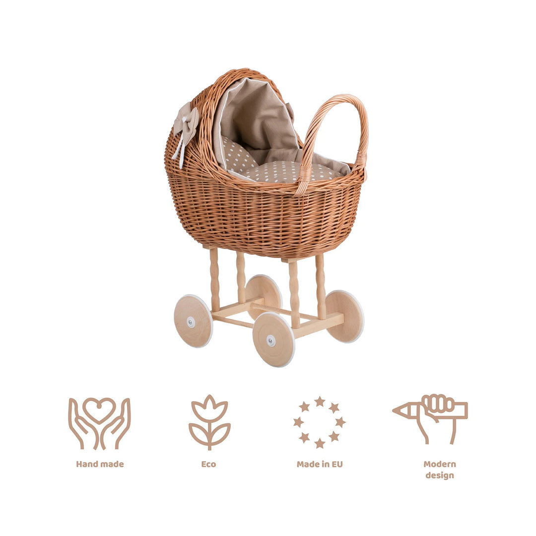 Wicker Doll Stroller Lena – Beige Bedding