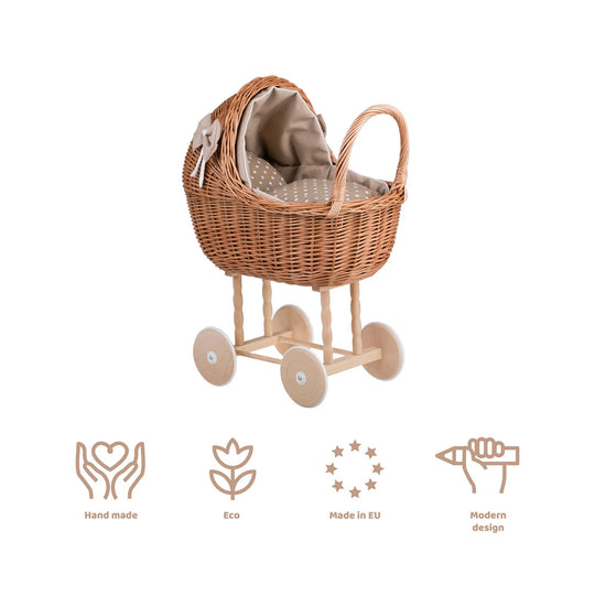 Wicker Doll Stroller Lena – Beige Bedding